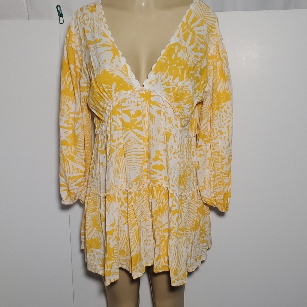 Blue Island Yellow & White Flower Beach Cover up dress V-Neck Size S